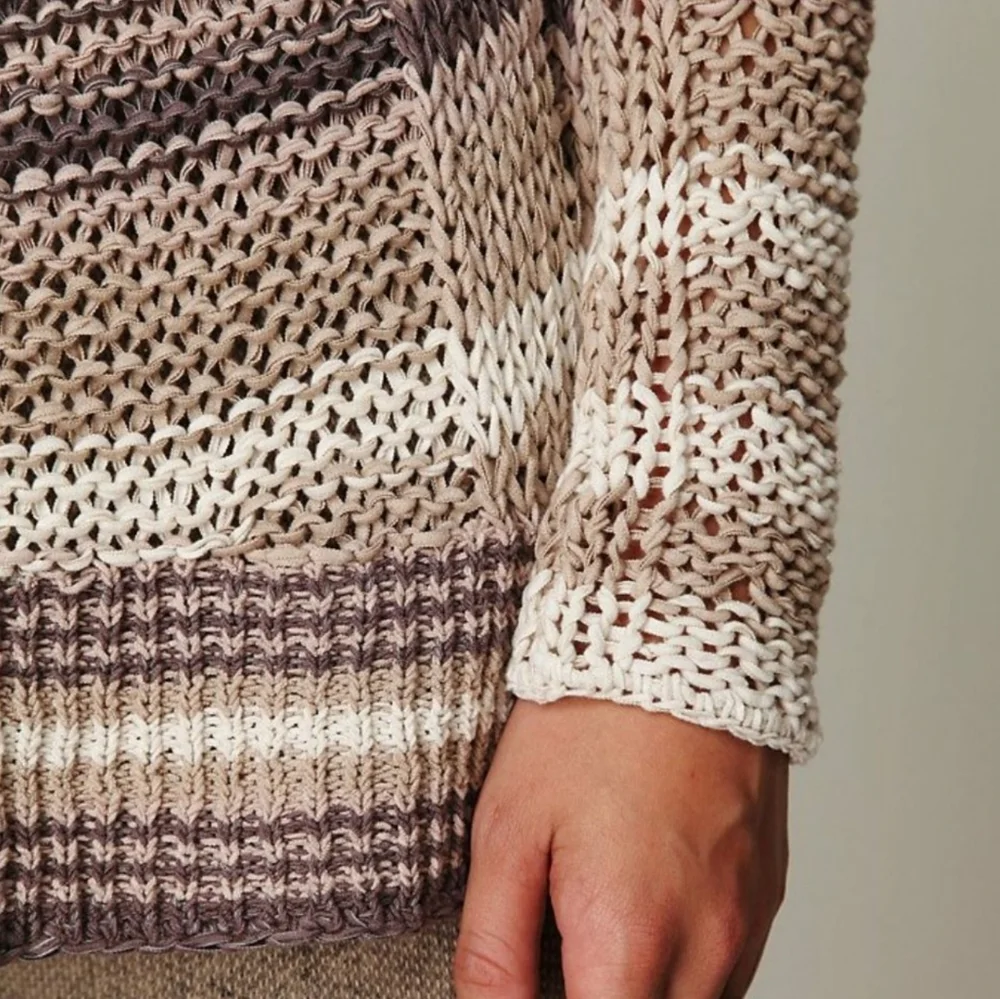Free People Desert Moon Sweater Sand Striped Open Knit Pullover Wide Neck MEDIUM